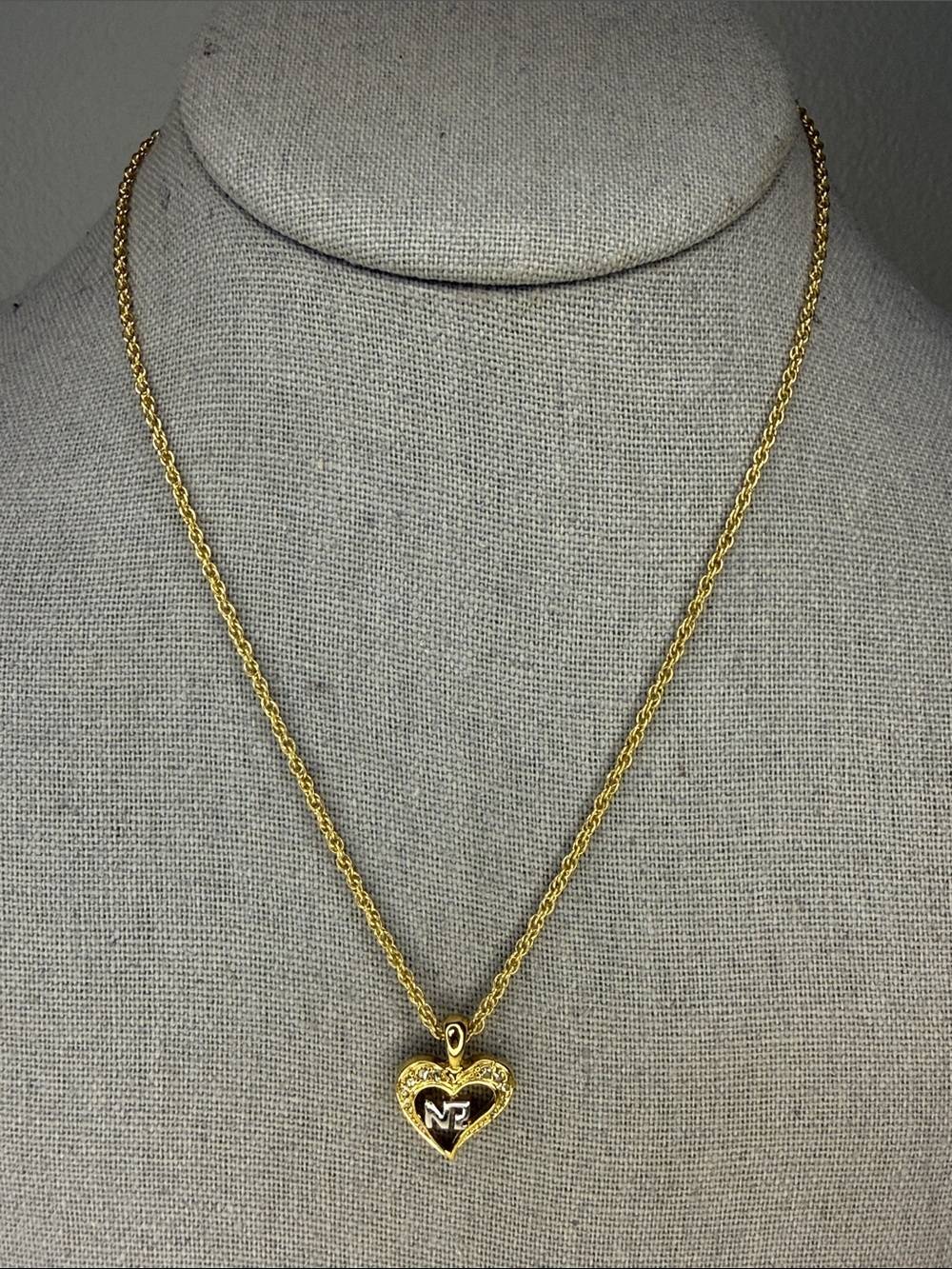 Nina Ricci Heart Logo Pendant Necklace Gold Tone 16” Chain Vintage